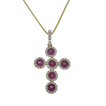 Catholic cross, 14 kt yellow gold with diamonds and rubies