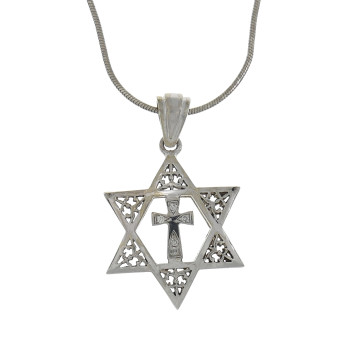 צלב אורתודוקסי ומגן דוד, זהב לבן 14 קראט עם יהלומים