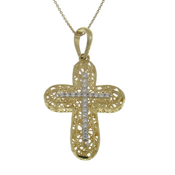 Pendant - Christian cross, yellow gold and zircon