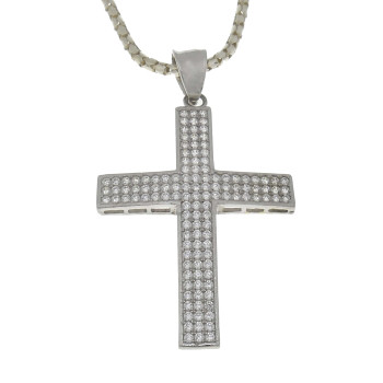 Gold pendant - Christian cross, 14K white gold with zirconia