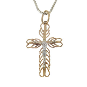 Christian cross pendant, 14k red and white gold