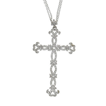Gold pendant - Christian cross, 14K white gold with diamonds