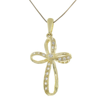 Gold pendant - Christian cross, 14K yellow gold with zirconia
