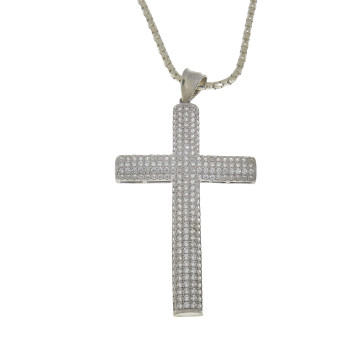 Gold pendant - Christian cross, 14K white gold with zirconia
