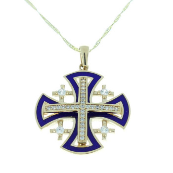 Pendant - Jerusalem cross, yellow gold and zircon