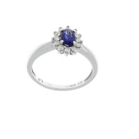 טבעת לנשים, זהב לבן 14 קראט עם יהלומים וספיר