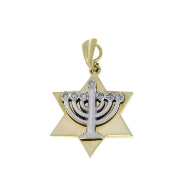 תליון זהב - מגן דוד ומנורה, זהב צהוב עם יהלומים, משקל 3,79 גרם