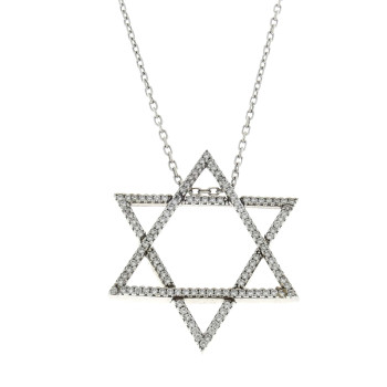 תליון - מגן דוד, זהב לבן 14 קראט עם זירקוניה מעוקבת, אורך 50 ס"מ