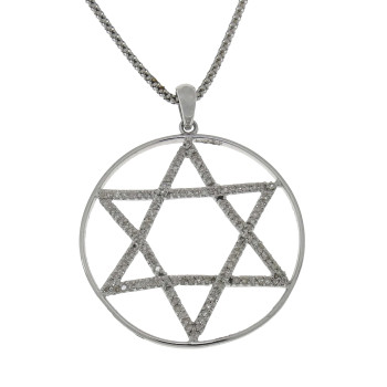תליון זהב - מגן דוד, זהב לבן 14 קראט עם יהלומים