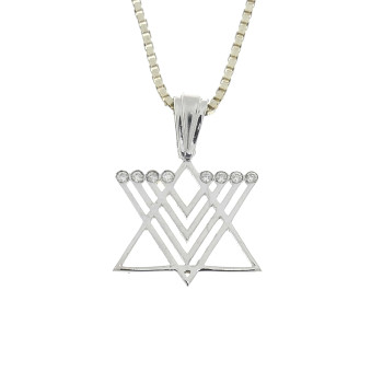 תליון זהב - מגן דוד ומנורה, זהב לבן 14 קראט עם יהלומים
