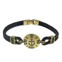 Men's bracelet with anchor, 14 kt yellow gold, black leather, cubic zirconia, length 19.5 cm
