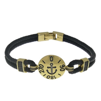 Men's bracelet with anchor, 14 kt yellow gold, black leather, cubic zirconia, length 19.5 cm