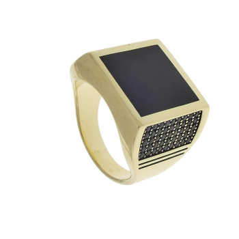 Gold men`s ring, yellow gold, black onyx and zirconium