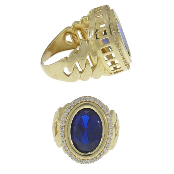 Gold men's ring, 14 kt yellow gold with zirconium and sapphire