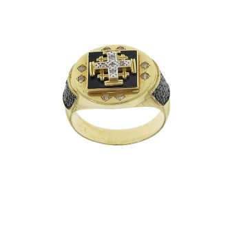 Gold ring 14 kt for men with a pilgrim's cross and diamonds