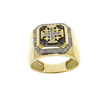 Gold ring 14 kt for men with a pilgrim's cross and diamonds