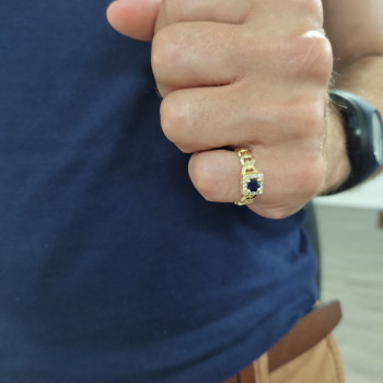 Gold men's ring, 14 kt yellow gold with zirconium and sapphire