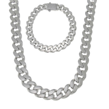 Cuban chain and bracelet, 14 kt white gold