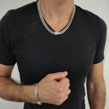 Cuban chain and bracelet, 14 kt white gold