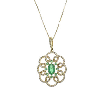 Women's pendant with diamonds and emerald, 14 kt yellow gold