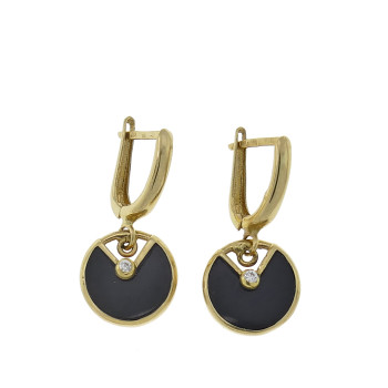 Earrings for a woman, 14 kt yellow gold, zirconium and onyx, length - 2.5 cm