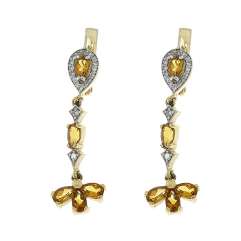 Earrings for women with diamond and citrine, 14K yellow gold