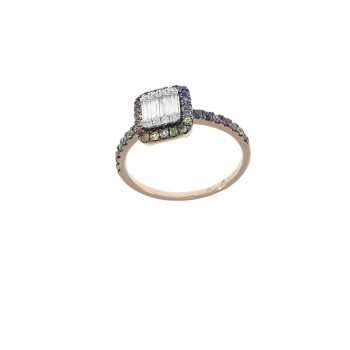 Ring for a woman, 14 kt red gold with white and colored diamonds
