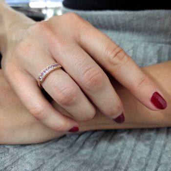 Ring for a woman, 14 kt red gold with diamonds and pink sapphires