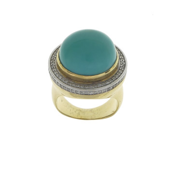 Ring for a woman, 14K yellow gold, diamonds and turquoise