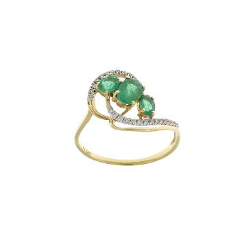 Women's set - ring and earrings, 14K yellow gold, diamonds and emeralds
