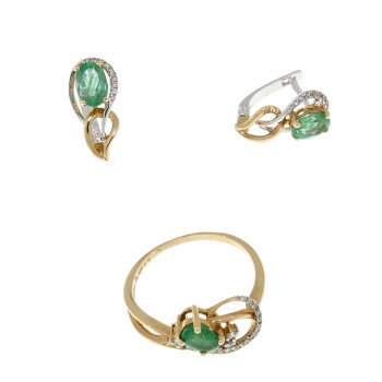 Set for a woman - ring and earrings, 14k red gold, diamonds and emeralds